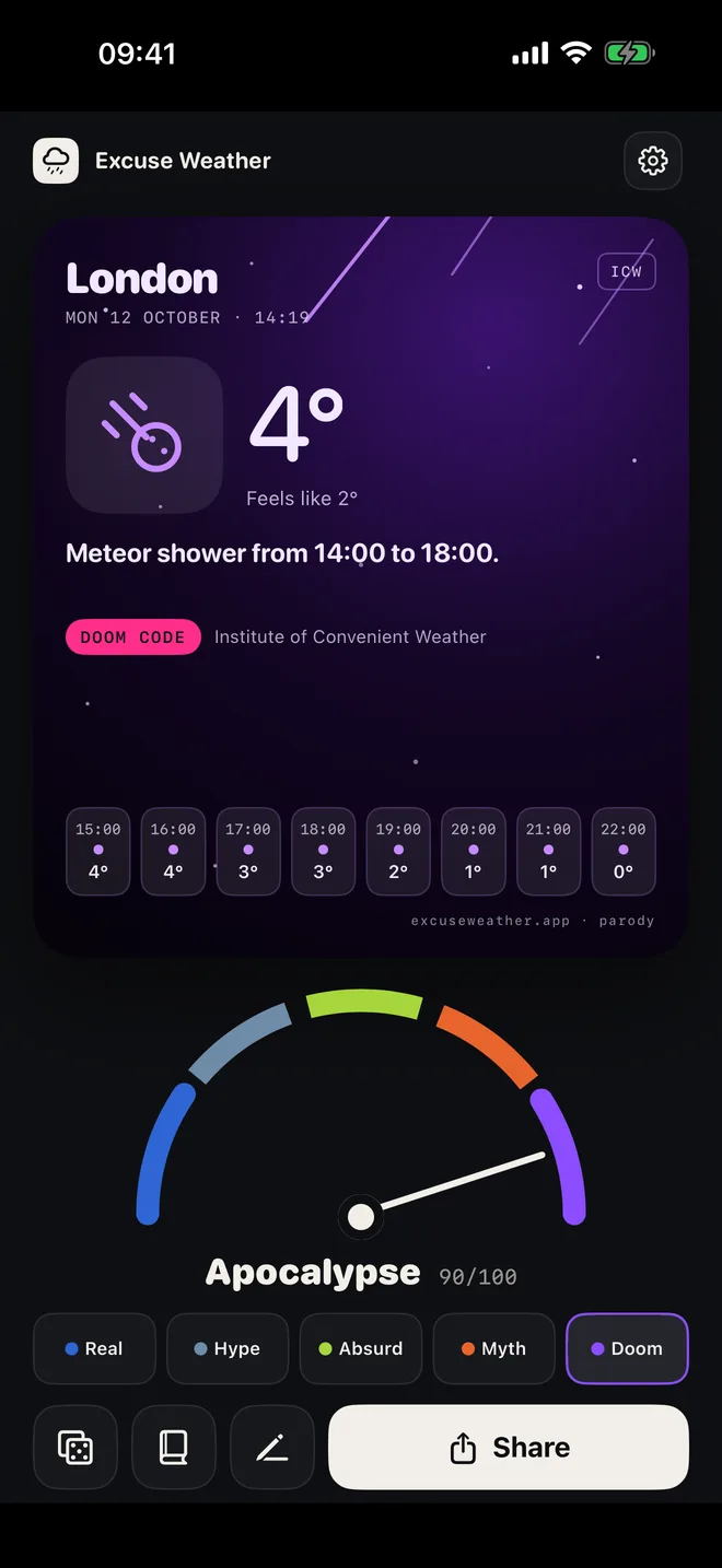 An apocalypse-level meteor shower card in deep purple